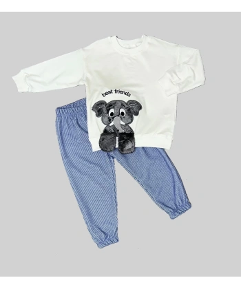 1-2-3 Yaş Filli Sallanan Ayak Desenli Likra Penye Kumaş Sweat Pantolonlu Kız Erkek 2li Çocuk Takımı Beyaz