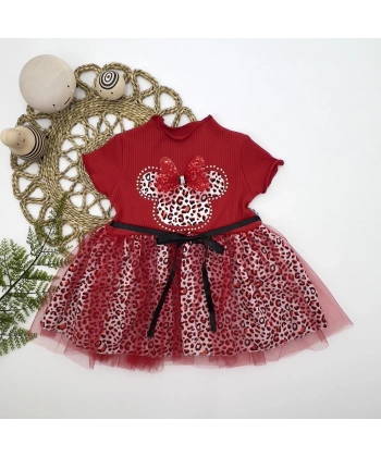 1-2-3 Yaş Fiyonklu Mickey Astarlı Etekli Kız Bebek Tütü Elbisesi Kırmızı