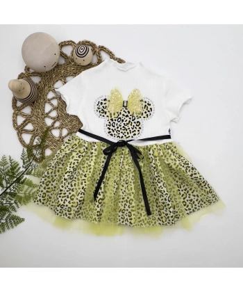 1-2-3 Yaş Fiyonklu Mickey Astarlı Etekli Kız Bebek Tütü Elbisesi Sarı-ekru