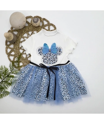 1-2-3 Yaş Fiyonklu Mickey Astarlı Etekli Kız Bebek Tütü Elbisesi Turkuaz-ekru