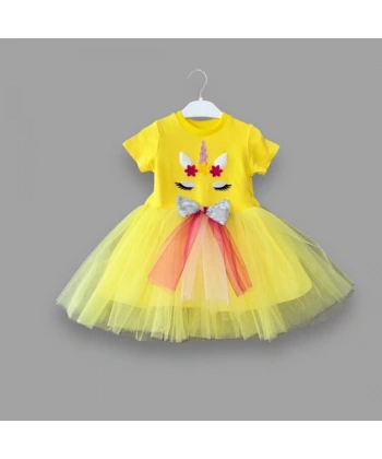 1-2-3 Yaş Gökkuşağı Kuyruklu Payet Pony Nakışlı Kız Bebek Tütü Elbisesi Sarı