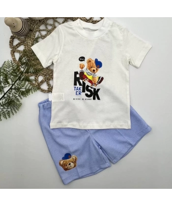 1-2-3 Yaş Kaykaycı Ayı Baskılı Şortlu Kısa Kollu Tişört 2li Erkek Bebek Takımı Ekru