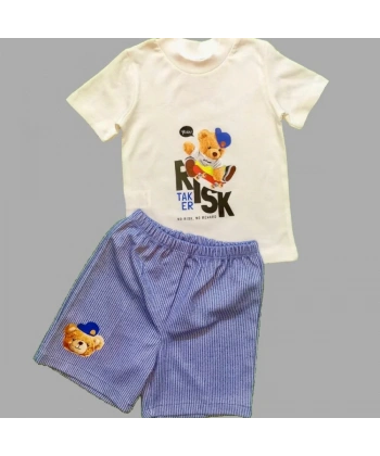 1-2-3 Yaş Kaykaycı Ayı Baskılı Şortlu Kısa Kollu Tişört 2li Erkek Bebek Takımı İndigo