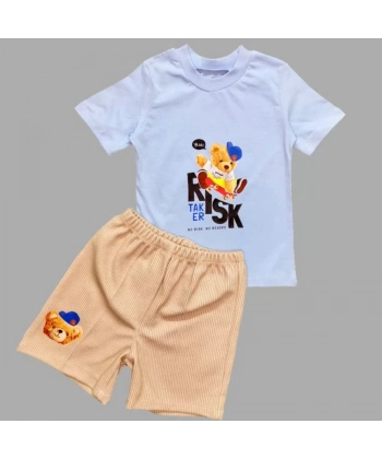1-2-3 Yaş Kaykaycı Ayı Baskılı Şortlu Kısa Kollu Tişört 2li Erkek Bebek Takımı Mavi