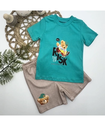 1-2-3 Yaş Kaykaycı Ayı Baskılı Şortlu Kısa Kollu Tişört 2li Erkek Bebek Takımı Turkuaz