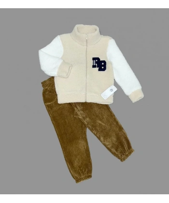 1-2-3 Yaş Kuzu Kumaş Fermuarlı Sweat Kadife Pantolonlu Uzun Kollu Kız Erkek Çocuk 2li Takım Bej