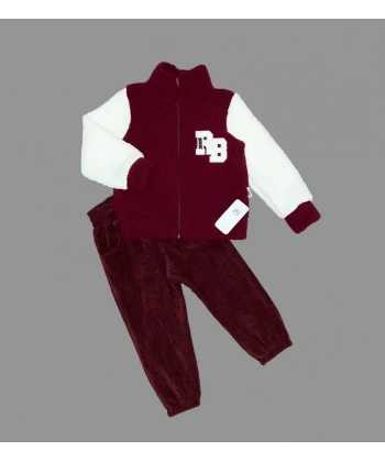 1-2-3 Yaş Kuzu Kumaş Fermuarlı Sweat Kadife Pantolonlu Uzun Kollu Kız Erkek Çocuk 2li Takım Bordo