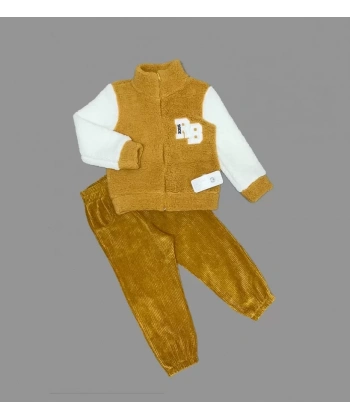 1-2-3 Yaş Kuzu Kumaş Fermuarlı Sweat Kadife Pantolonlu Uzun Kollu Kız Erkek Çocuk 2li Takım Hardal