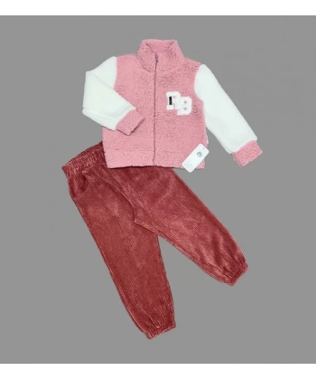 1-2-3 Yaş Kuzu Kumaş Fermuarlı Sweat Kadife Pantolonlu Uzun Kollu Kız Erkek Çocuk 2li Takım Gül Kurusu