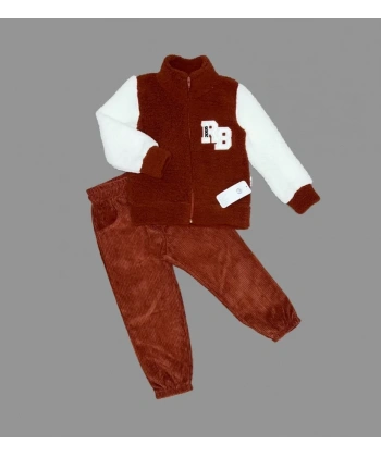 1-2-3 Yaş Kuzu Kumaş Fermuarlı Sweat Kadife Pantolonlu Uzun Kollu Kız Erkek Çocuk 2li Takım Kahverengi