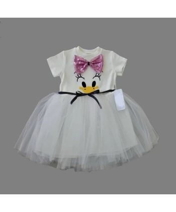 1-2-3 Yaş Payet Fiyonk Tokalı Ördek Nakışlı Astarlı Kız Bebek Tütü Elbisesi Beyaz