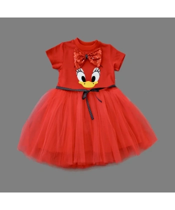 1-2-3 Yaş Payet Fiyonk Tokalı Ördek Nakışlı Astarlı Kız Bebek Tütü Elbisesi Kırmızı