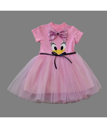 1-2-3 Yaş Payet Fiyonk Tokalı Ördek Nakışlı Astarlı Kız Bebek Tütü Elbisesi Pembe