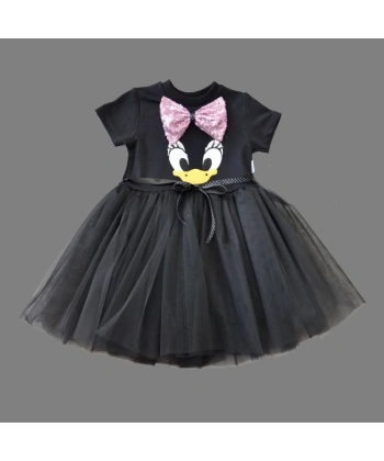 1-2-3 Yaş Payet Fiyonk Tokalı Ördek Nakışlı Astarlı Kız Bebek Tütü Elbisesi Siyah