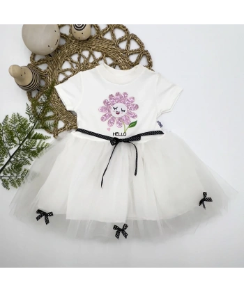 1-2-3 Yaş Payet Yapraklı Çiçek Nakışlı Astarlı Kız Bebek Tütü Elbisesi Beyaz