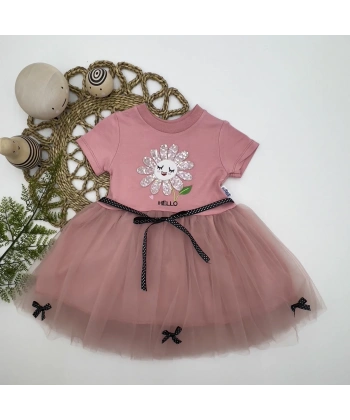 1-2-3 Yaş Payet Yapraklı Çiçek Nakışlı Astarlı Kız Bebek Tütü Elbisesi Gül Kurusu