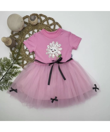 1-2-3 Yaş Payet Yapraklı Çiçek Nakışlı Astarlı Kız Bebek Tütü Elbisesi Pembe