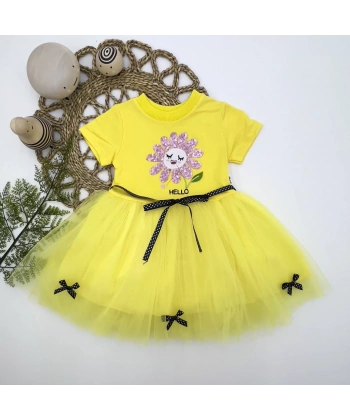 1-2-3 Yaş Payet Yapraklı Çiçek Nakışlı Astarlı Kız Bebek Tütü Elbisesi Sarı