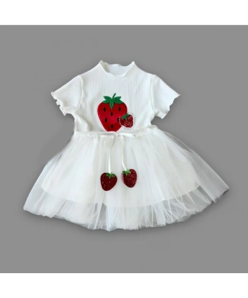 1-2-3 Yaş Payetli Çilek Baskılı Çilek Kuşaklı Kız Bebek Elbisesi Beyaz