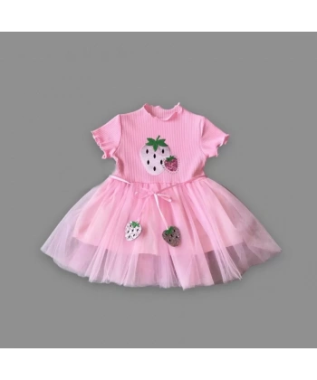1-2-3 Yaş Payetli Çilek Baskılı Çilek Kuşaklı Kız Bebek Elbisesi Pembe