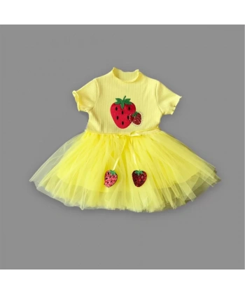 1-2-3 Yaş Payetli Çilek Baskılı Çilek Kuşaklı Kız Bebek Elbisesi Sarı