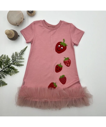 1-2-3 Yaş Payetli Çilekler Nakışlı Eteği Fırfırlı Jile Kız Çocuk Elbisesi Gül Kurusu