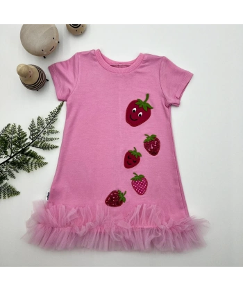 1-2-3 Yaş Payetli Çilekler Nakışlı Eteği Fırfırlı Jile Kız Çocuk Elbisesi Pembe