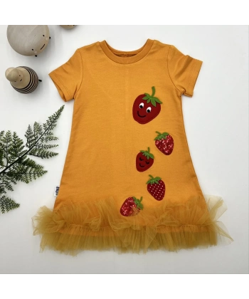 1-2-3 Yaş Payetli Çilekler Nakışlı Eteği Fırfırlı Jile Kız Çocuk Elbisesi Turuncu