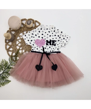 1-2-3 Yaş Payetli Kalp Me Baskılı Kız Bebek Elbisesi Gül Kurusu