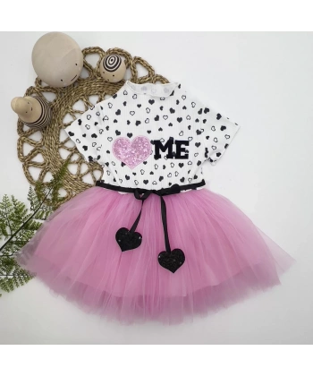 1-2-3 Yaş Payetli Kalp Me Baskılı Kız Bebek Elbisesi Pembe