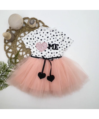 1-2-3 Yaş Payetli Kalp Me Baskılı Kız Bebek Elbisesi Pudra