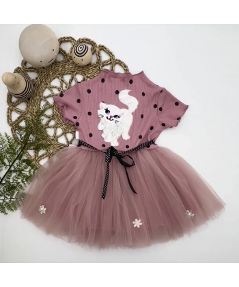 1-2-3 Yaş Payetli Kedicik Baskılı Puantiyeli Kız Bebek Elbisesi Gül Kurusu