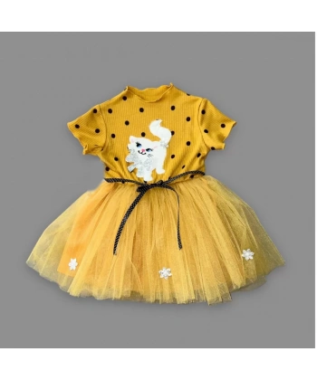 1-2-3 Yaş Payetli Kedicik Baskılı Puantiyeli Kız Bebek Elbisesi Hardal
