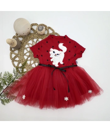 1-2-3 Yaş Payetli Kedicik Baskılı Puantiyeli Kız Bebek Elbisesi Kırmızı