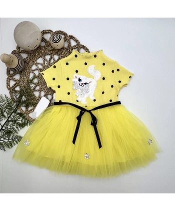 1-2-3 Yaş Payetli Kedicik Baskılı Puantiyeli Kız Bebek Elbisesi Sarı