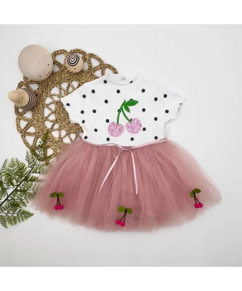 1-2-3 Yaş Payetli Kiraz Nakışlı Kiraz Etekli Kız Bebek Tütü Elbisesi Gül Kurusu