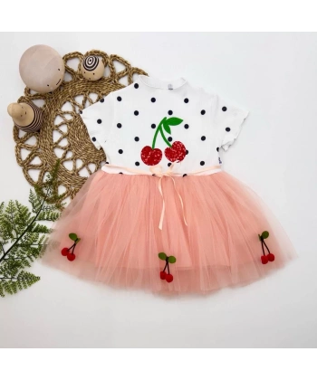 1-2-3 Yaş Payetli Kiraz Nakışlı Kiraz Etekli Kız Bebek Tütü Elbisesi Pudra