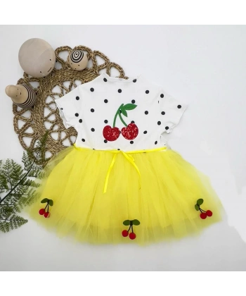 1-2-3 Yaş Payetli Kiraz Nakışlı Kiraz Etekli Kız Bebek Tütü Elbisesi Sarı
