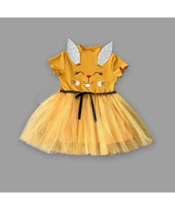 1-2-3 Yaş Payetli Kulak Tavşan Baskılı Kız Bebek Elbisesi Hardal