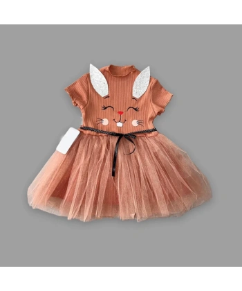 1-2-3 Yaş Payetli Kulak Tavşan Baskılı Kız Bebek Elbisesi Kahverengi