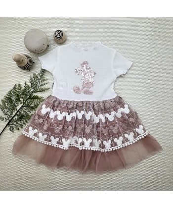 1-2-3 Yaş Payetli Mickey Baskılı Brode Etekli Kız Bebek Elbisesi Gül Kurusu