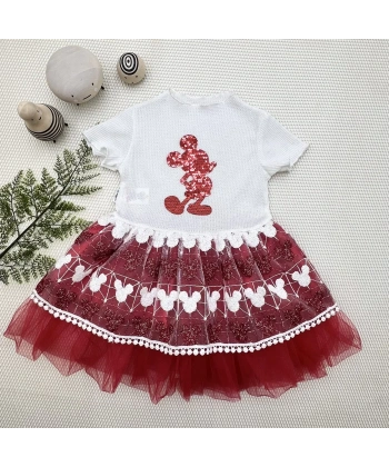 1-2-3 Yaş Payetli Mickey Baskılı Brode Etekli Kız Bebek Elbisesi Kırmızı