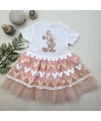 1-2-3 Yaş Payetli Mickey Baskılı Brode Etekli Kız Bebek Elbisesi Pudra