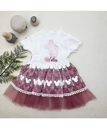 1-2-3 Yaş Payetli Mickey Baskılı Brode Etekli Kız Bebek Elbisesi Rose