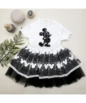 1-2-3 Yaş Payetli Mickey Baskılı Brode Etekli Kız Bebek Elbisesi Siyah