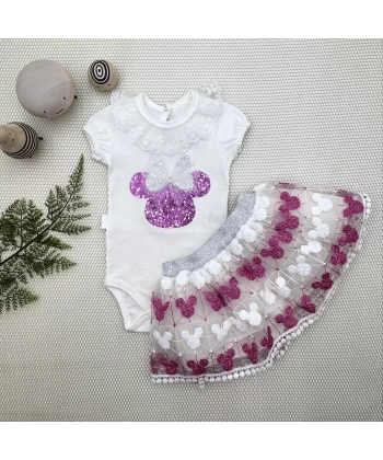 1-2-3 Yaş Payetli Mickey Nakışlı Kısa Kollu Brode Etekli 2li Kız Bebek Takımı Fuşya