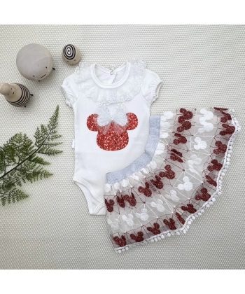 1-2-3 Yaş Payetli Mickey Nakışlı Kısa Kollu Brode Etekli 2li Kız Bebek Takımı Kırmızı