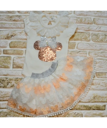 1-2-3 Yaş Payetli Mickey Nakışlı Kısa Kollu Brode Etekli 2li Kız Bebek Takımı Pudra