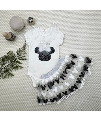1-2-3 Yaş Payetli Mickey Nakışlı Kısa Kollu Brode Etekli 2li Kız Bebek Takımı Siyah