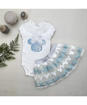 1-2-3 Yaş Payetli Mickey Nakışlı Kısa Kollu Brode Etekli 2li Kız Bebek Takımı Turkuaz